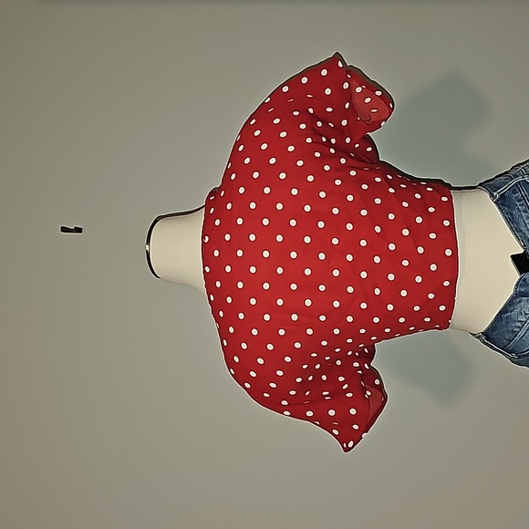 Red White PolkaDot Tie Front Crop Top Retro Flirty Sleeves Versatile - Picture 5 of 11